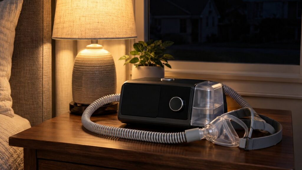 CPAP machine with hose and mask on a nightstand beside a lamp during a nighttime power outage