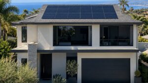Modern San Diego home with a rooftop solar array on a sunny day
