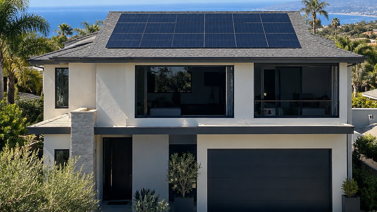 Modern San Diego home with a rooftop solar array on a sunny day