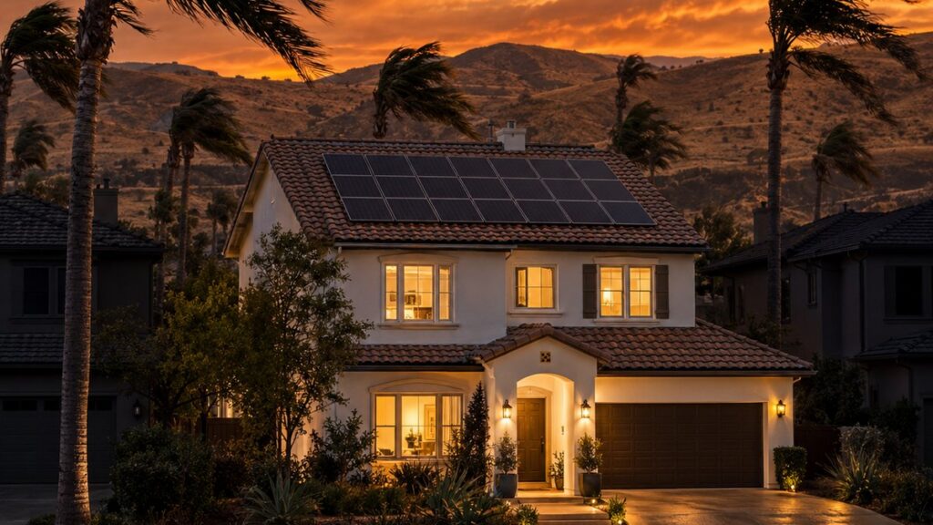 Two-story San Diego home with rooftop solar panels at sunset as Santa Ana winds bend the palm trees
