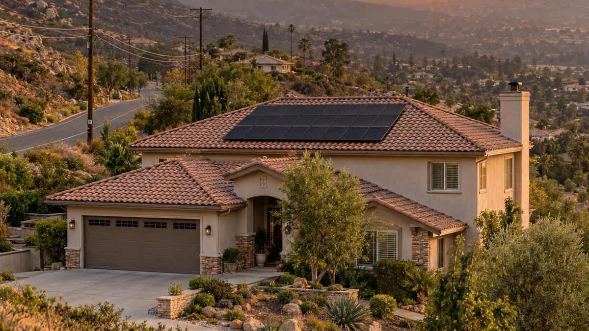 Inland San Diego hillside home with rooftop solar panels above dry brush at sunset