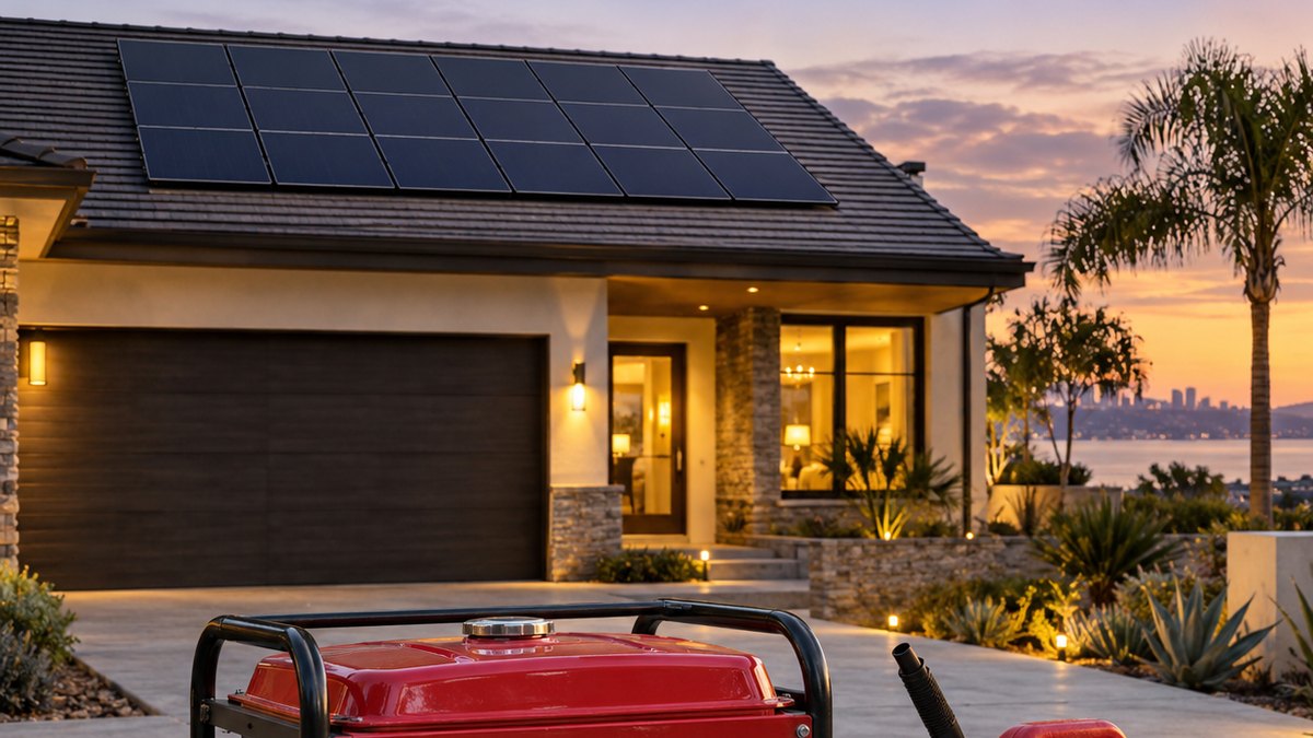 San Diego home with rooftop solar at dusk and a portable gas generator in the driveway